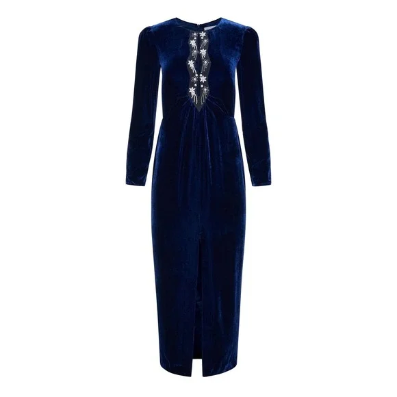 Saloni Jinx C Navy Blue Velvet Crystal Embellished Midi Dress Long Sleeve Slit - Picture 3 of 11